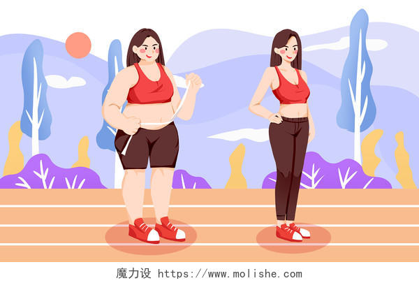 减肥素材减肥前后对比全民健身日插画海报背景素材
